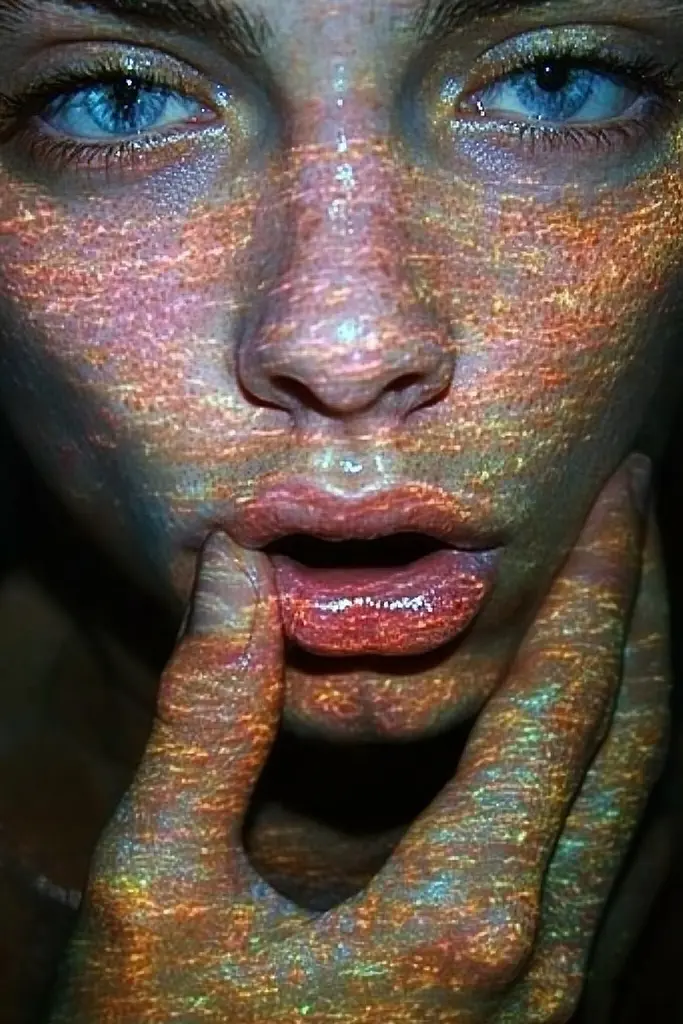 Midjourney generated image using SREF code Iridescent Cosmos: A woman with blue eyes and glitter on her face.