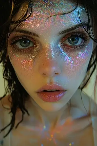 Midjourney generated image using SREF code Iridescent Cosmos: A woman with glitter on her face and body.