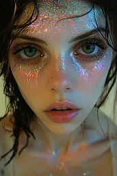 Midjourney generated image using SREF code Iridescent Cosmos: A woman with glitter on her face and body.