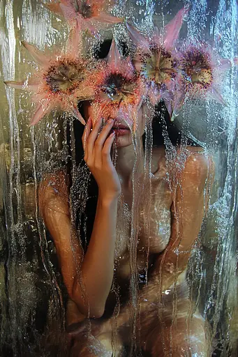 Midjourney generated image using SREF code Iridescent Cosmos: A woman with flowers on her head in a shower.