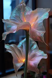 Midjourney generated image using SREF code Iridescent Cosmos: A close up of a flower in a vase on a table.