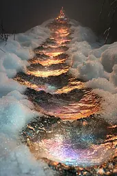 Midjourney generated image using SREF code Iridescent Cosmos: A lighted path in the middle of a snow covered field.