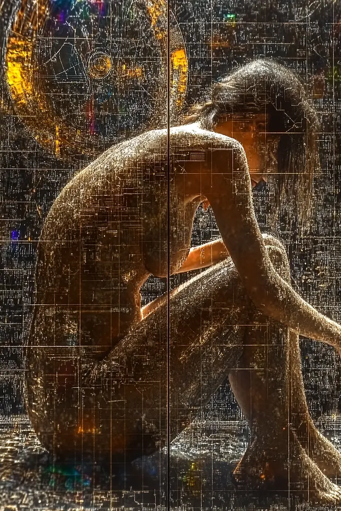 Midjourney generated image using SREF code Gilded Labyrinth: A woman sitting on the ground in front of a mirror.