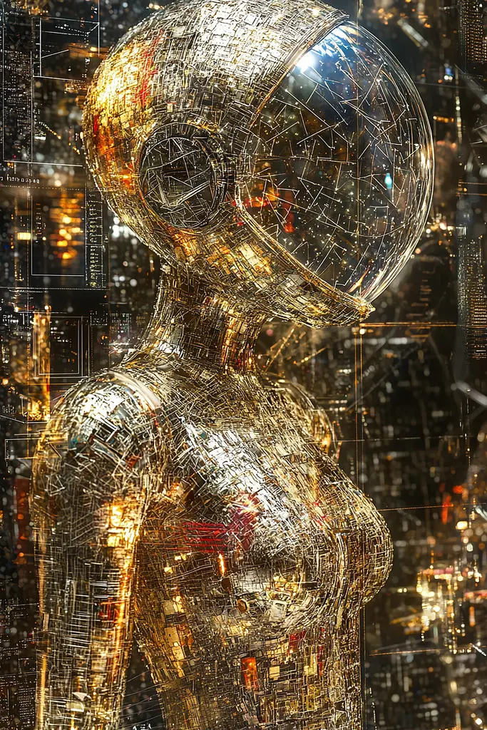 Midjourney generated image using SREF code Gilded Labyrinth: A golden robot standing in front of a cityscape.