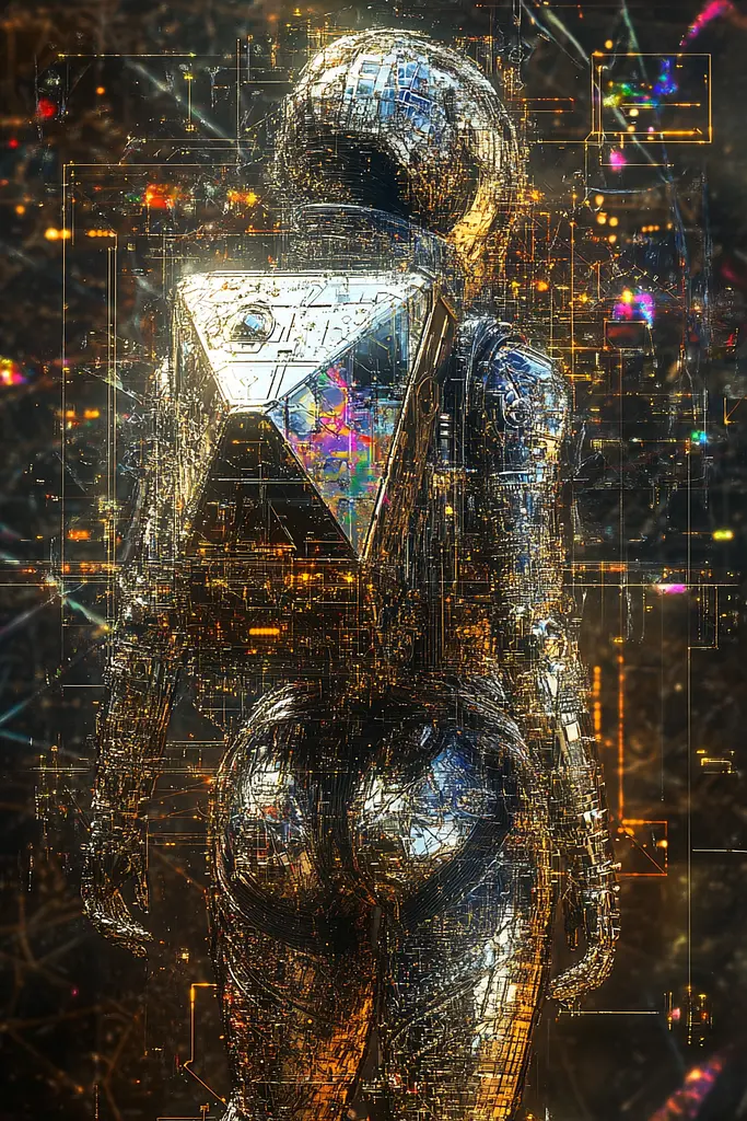 Midjourney generated image using SREF code Gilded Labyrinth: A woman in a futuristic suit standing in front of a city.