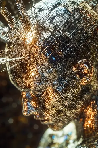 Midjourney generated image using SREF code Gilded Labyrinth: A close up of a sculpture of a man's head covered in wires.