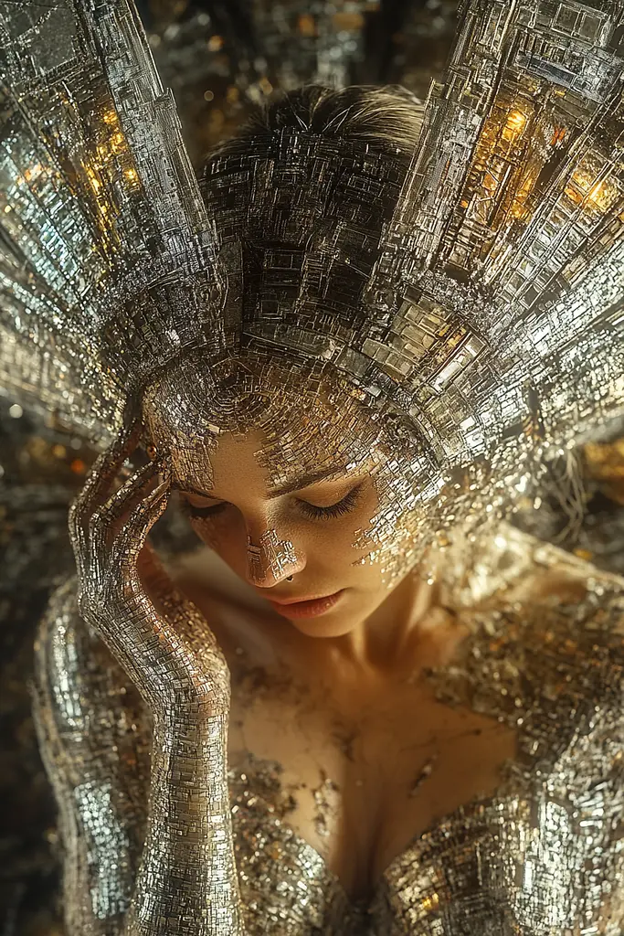 Midjourney generated image using SREF code Gilded Labyrinth: A woman in a silver dress with a large headpiece on her head.