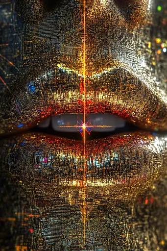 Midjourney generated image using SREF code Gilded Labyrinth: a close up of a woman's face with gold glitter on it