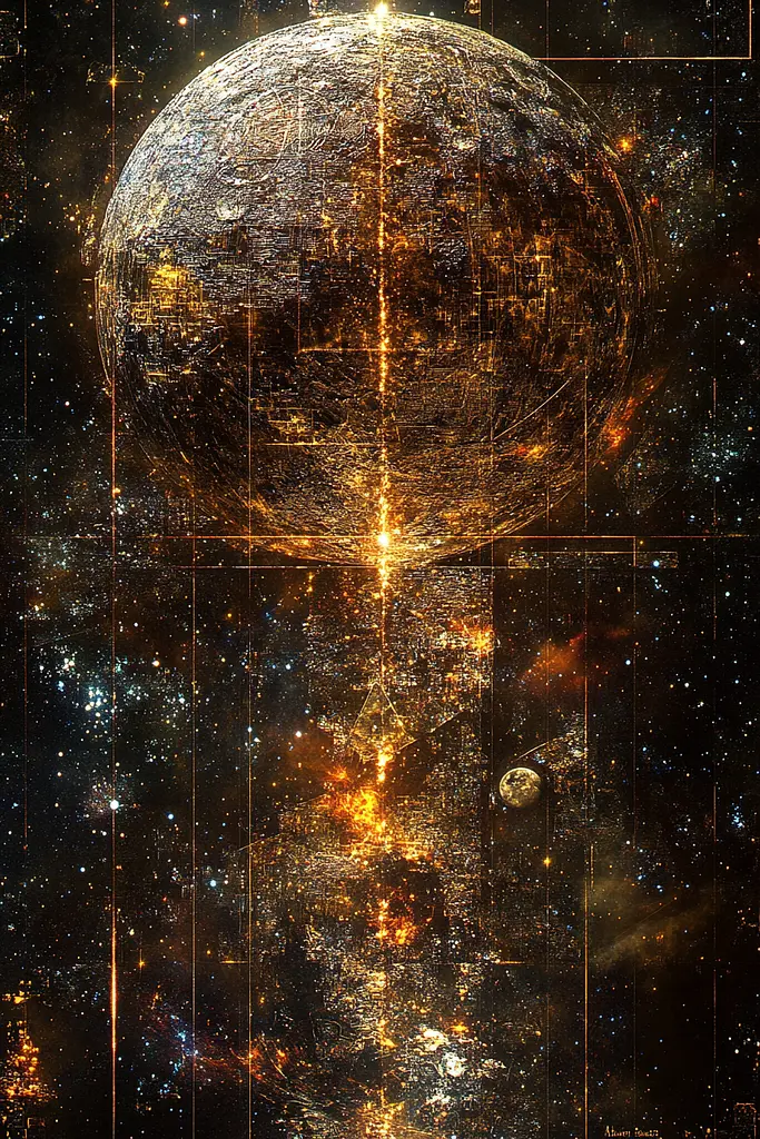 Midjourney generated image using SREF code Gilded Labyrinth: A golden sphere in the middle of a space filled with stars.