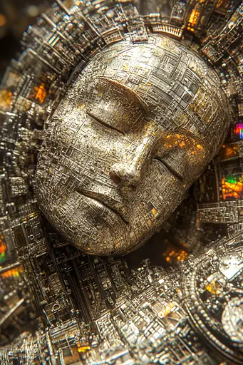 Midjourney generated image using SREF code Gilded Labyrinth: A close up of a sculpture of a woman's face.