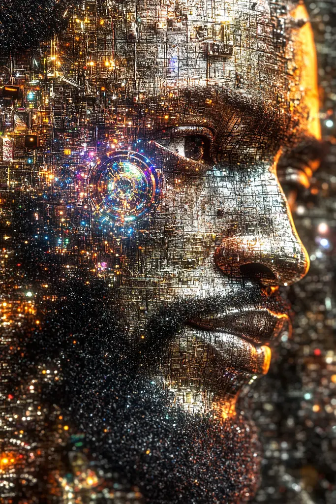 Midjourney generated image using SREF code Gilded Labyrinth: a close up of a person's face with a city in the background