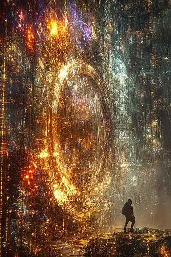 Midjourney generated image using SREF code Gilded Labyrinth: A person standing in front of a large circle of lights.