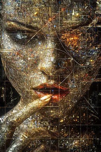 Midjourney generated image using SREF code Gilded Labyrinth: a close up of a person with a finger on their lips