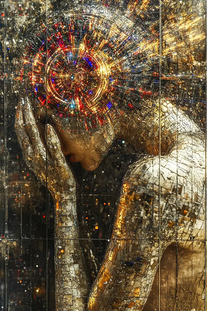 Midjourney generated image using SREF code Gilded Labyrinth: A woman with her head in her hands in front of a mosaic wall.