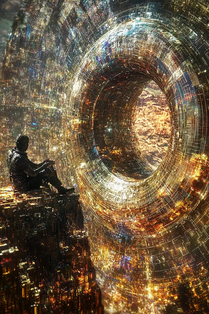 Midjourney generated image using SREF code Gilded Labyrinth: A man sitting on top of a building looking at a large circular object.