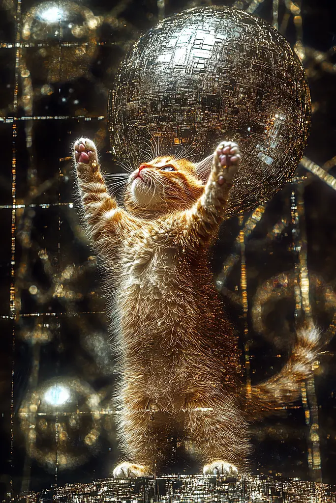 Midjourney generated image using SREF code Gilded Labyrinth: A cat standing on its hind legs in front of a mirror ball.