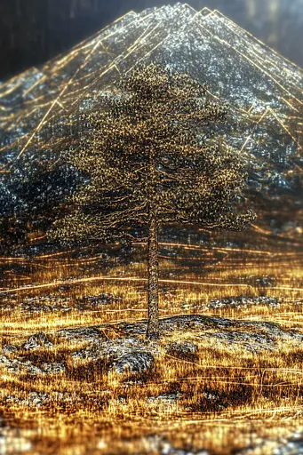 Midjourney generated image using SREF code Gilded Labyrinth: A lone tree in the middle of a field with a mountain in the background.