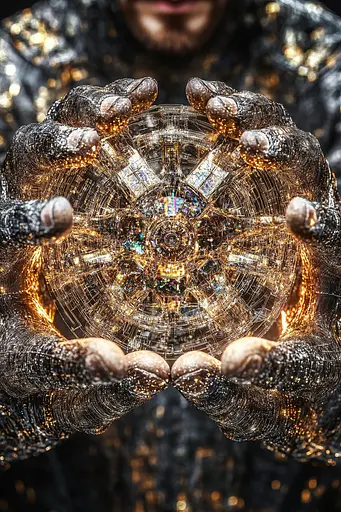 Midjourney generated image using SREF code Gilded Labyrinth: A man holding a crystal ball in his hands.