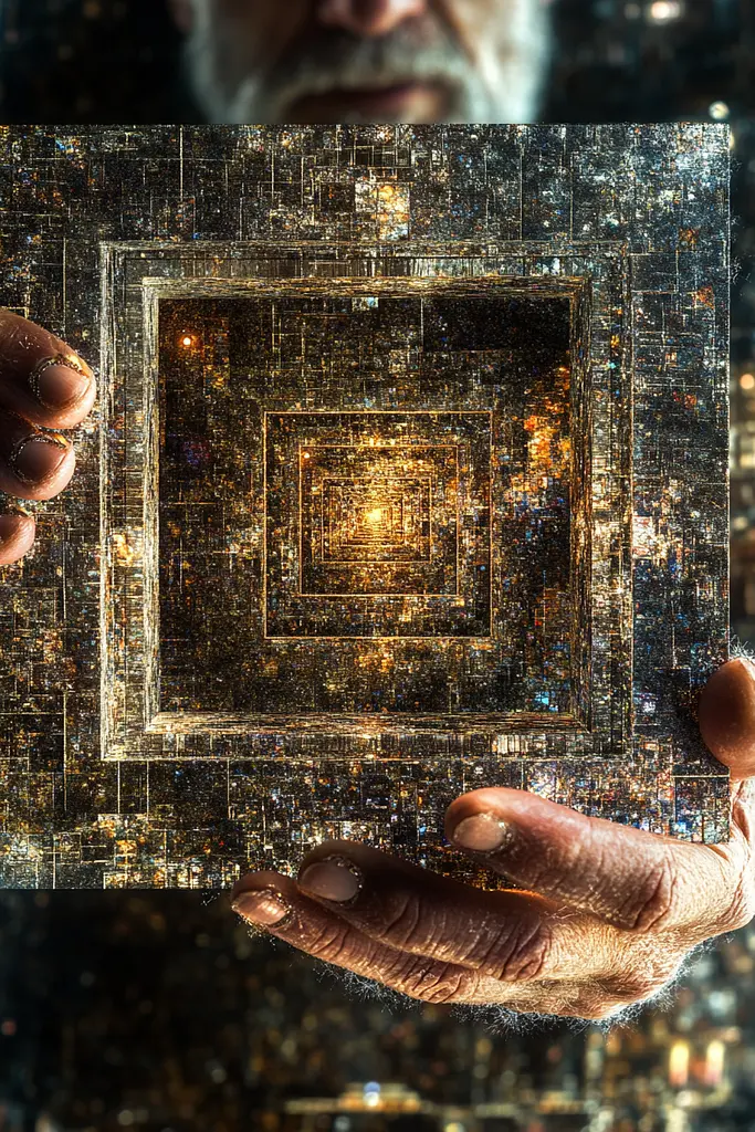 Midjourney generated image using SREF code Gilded Labyrinth: A man holding up a square shaped object in his hands.