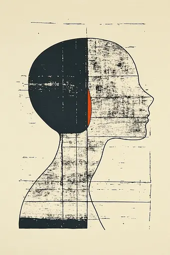 Midjourney generated image using SREF code Rustyan Lamentations: A drawing of a man's head with a red circle in the middle.