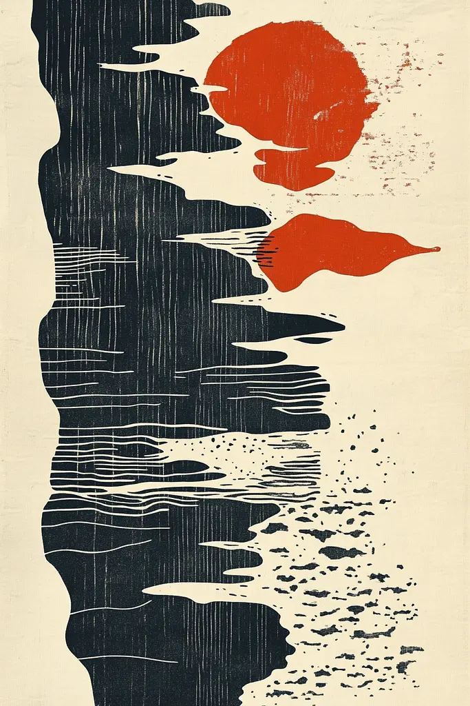 Midjourney generated image using SREF code Rustyan Lamentations: A black and white drawing of a sunset over a body of water.