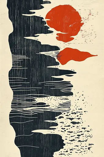 Midjourney generated image using SREF code Rustyan Lamentations: A black and white drawing of a sunset over a body of water.