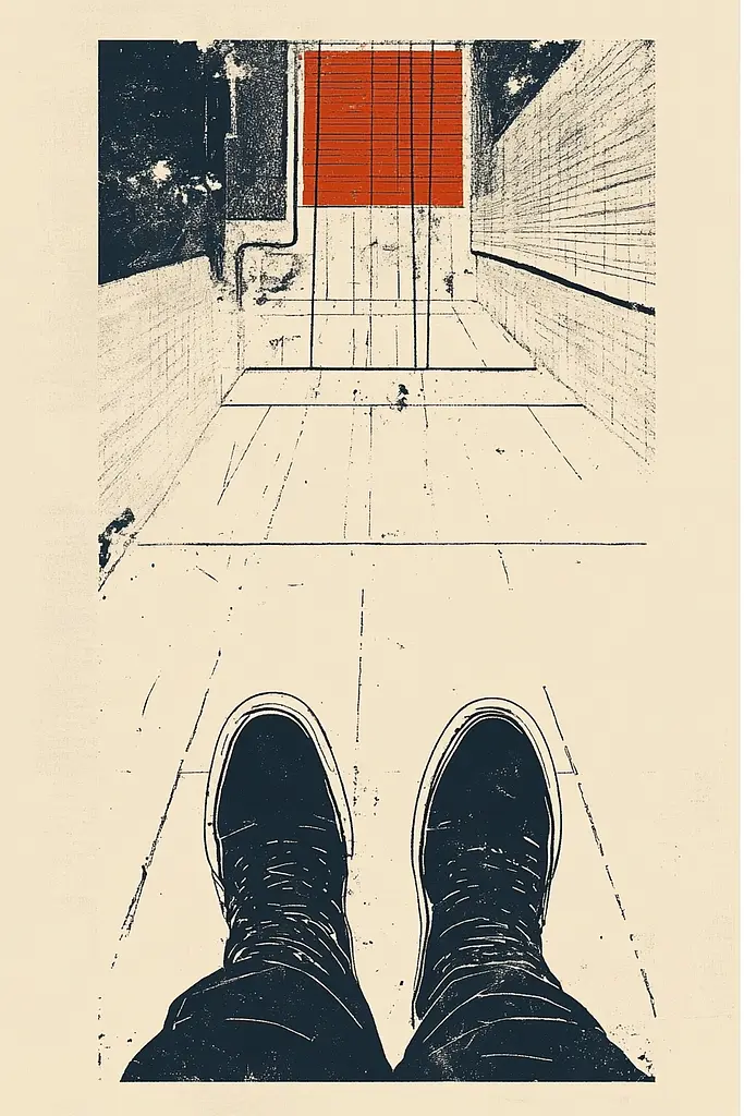 Midjourney generated image using SREF code Rustyan Lamentations: A pair of black shoes standing in a hallway.