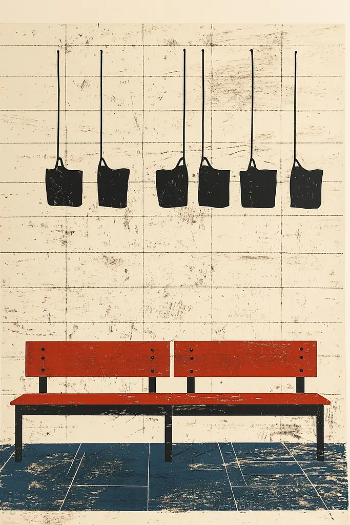 Midjourney generated image using SREF code Rustyan Lamentations: A red bench sitting in front of a wall with bags hanging from it.