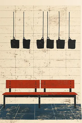 Midjourney generated image using SREF code Rustyan Lamentations: A red bench sitting in front of a wall with bags hanging from it.