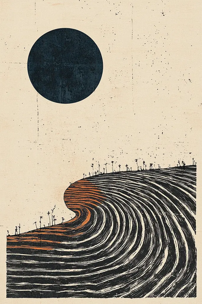 Midjourney generated image using SREF code Rustyan Lamentations: A black and white drawing of a wave with a full moon in the background.