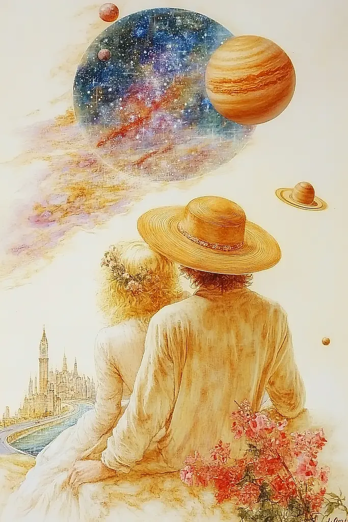 Midjourney generated image using SREF code Etherflow Bliss: A painting of a man and a woman looking at planets.