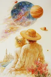 Midjourney generated image using SREF code Etherflow Bliss: A painting of a man and a woman looking at planets.