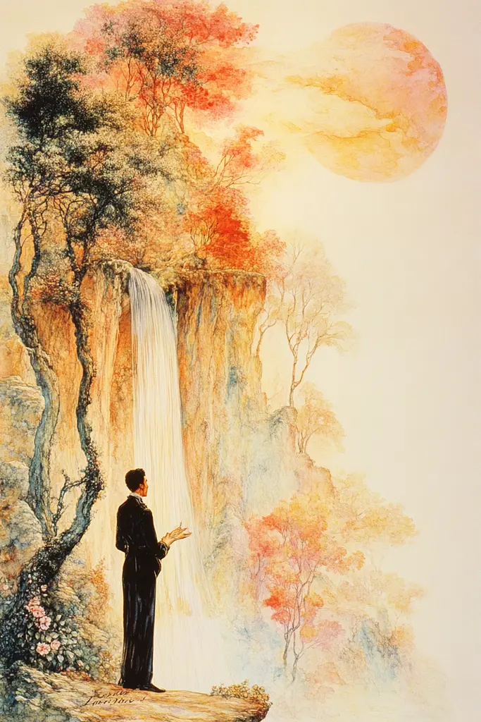 Midjourney generated image using SREF code Etherflow Bliss: A painting of a man standing in front of a waterfall.