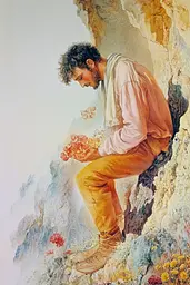 Midjourney generated image using SREF code Etherflow Bliss: A painting of a man kneeling on a rock with flowers.