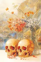 Midjourney generated image using SREF code Etherflow Bliss: A painting of two skulls and flowers in a vase.