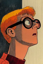 Midjourney generated image using SREF code Crimson Fables: A drawing of a boy with glasses looking up.