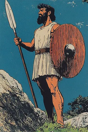 Midjourney generated image using SREF code Crimson Fables: A man holding a spear and shield standing on a rock.