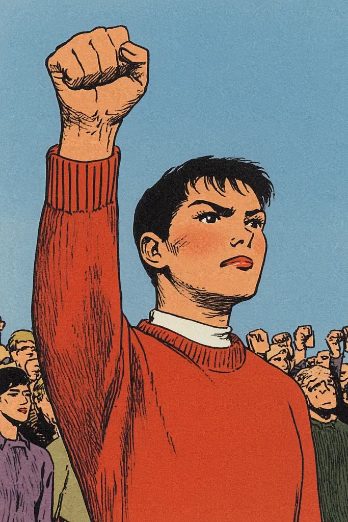 Midjourney generated image using SREF code Crimson Fables: A man raising his fist in front of a crowd of people.