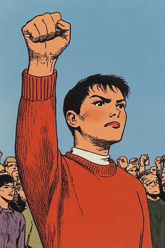 Midjourney generated image using SREF code Crimson Fables: A man raising his fist in front of a crowd of people.