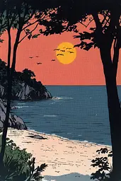 Midjourney generated image using SREF code Crimson Fables: A painting of a sunset over the ocean with trees in the foreground.