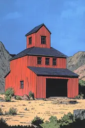 Midjourney generated image using SREF code Crimson Fables: A red barn in the middle of a desert.