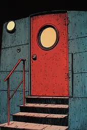 Midjourney generated image using SREF code Crimson Fables: A red door with a round window on the side of a building.