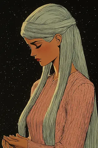 Midjourney generated image using SREF code Crimson Fables: A woman with long white hair standing in front of a starry sky.