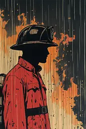 Midjourney generated image using SREF code Crimson Fables: A man in a fireman's uniform standing in front of a fire.