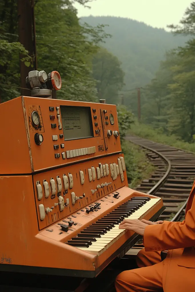 Midjourney generated image using SREF code Orange Oddities: A man in an orange suit playing a keyboard on a train track.