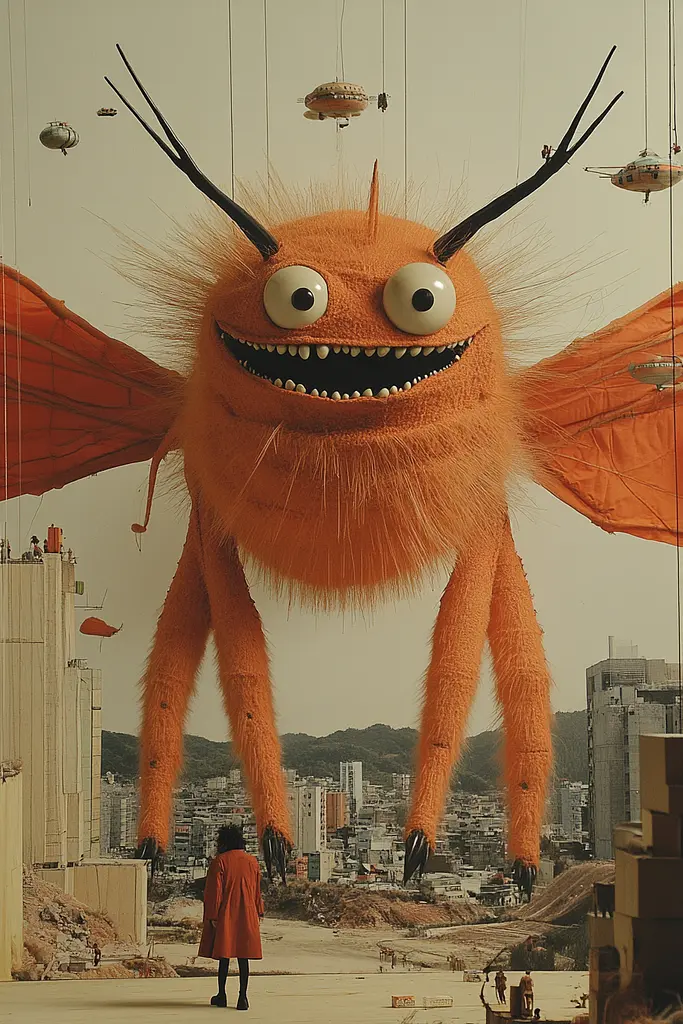 Midjourney generated image using SREF code Orange Oddities: A large orange monster with big eyes and big wings.