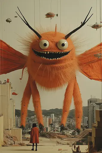 Midjourney generated image using SREF code Orange Oddities: A large orange monster with big eyes and big wings.