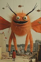 Midjourney generated image using SREF code Orange Oddities: A large orange monster with big eyes and big wings.