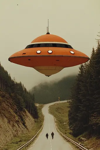 Midjourney generated image using SREF code Orange Oddities: A large orange UFO flying over a road in the middle of a forest.