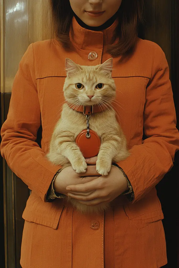 Midjourney generated image using SREF code Orange Oddities: A woman in an orange jacket holding a cat.